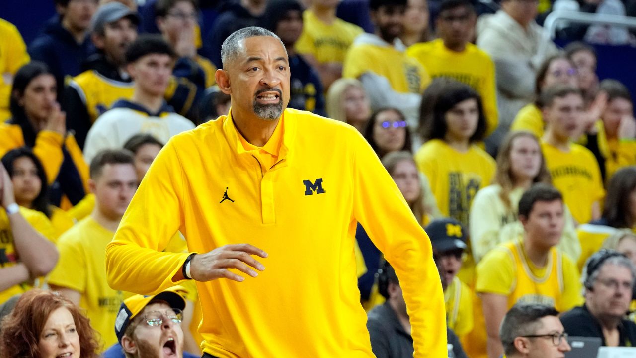 Michigan head coach Juwan Howard watches from the sideline during the first half of an NCAA college basketball game against Nebraska, Sunday, March 10, 2024, in Ann Arbor, Mich. (AP Photo/Carlos Osorio)