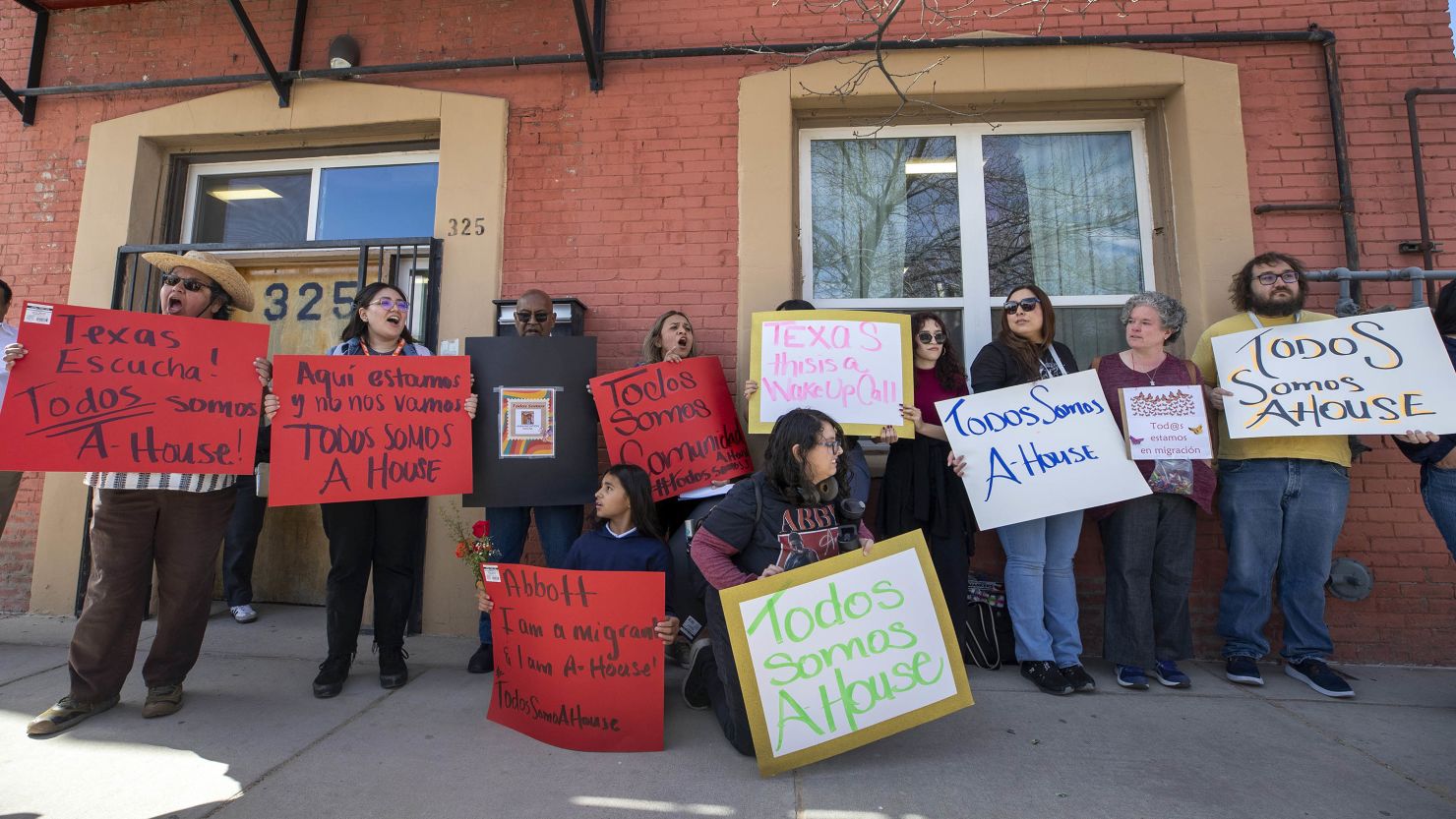 Supporters of Annunciation House demonstrate in El Paso on February 23 after Texas Attorney General Ken Paxton tried to shut down the nonprofit.