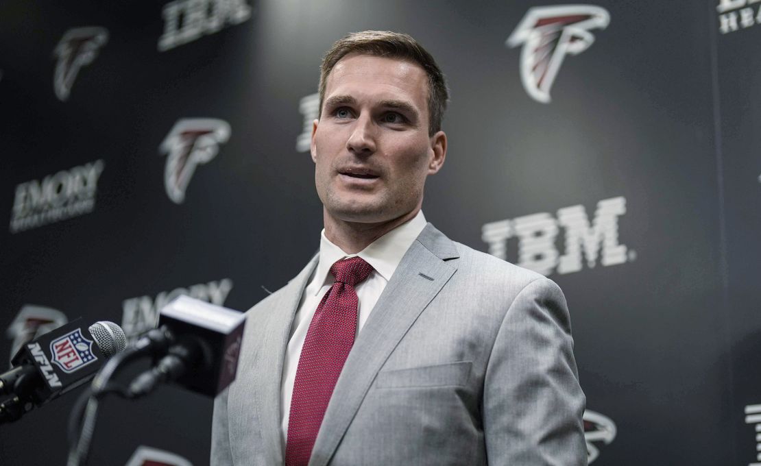 Cousins speaks to the media in his introductory press conference after signing for the Falcons.