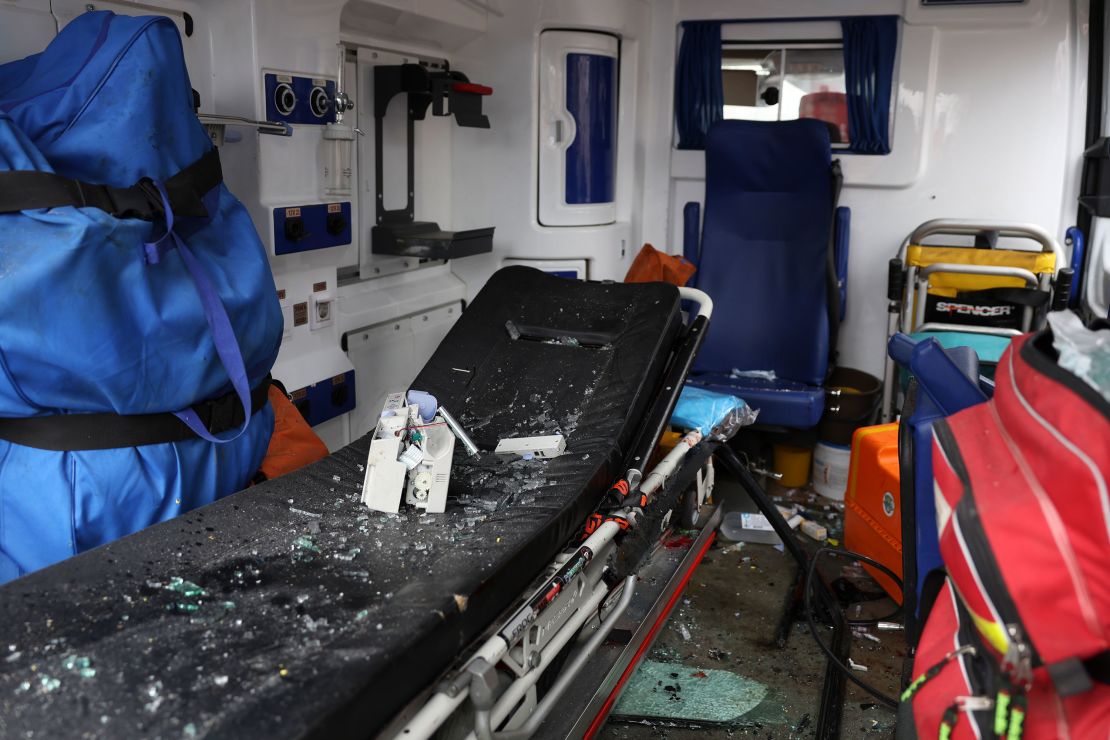 Broken glass is strewn across the back of an ambulance after the strikes on Odesa.