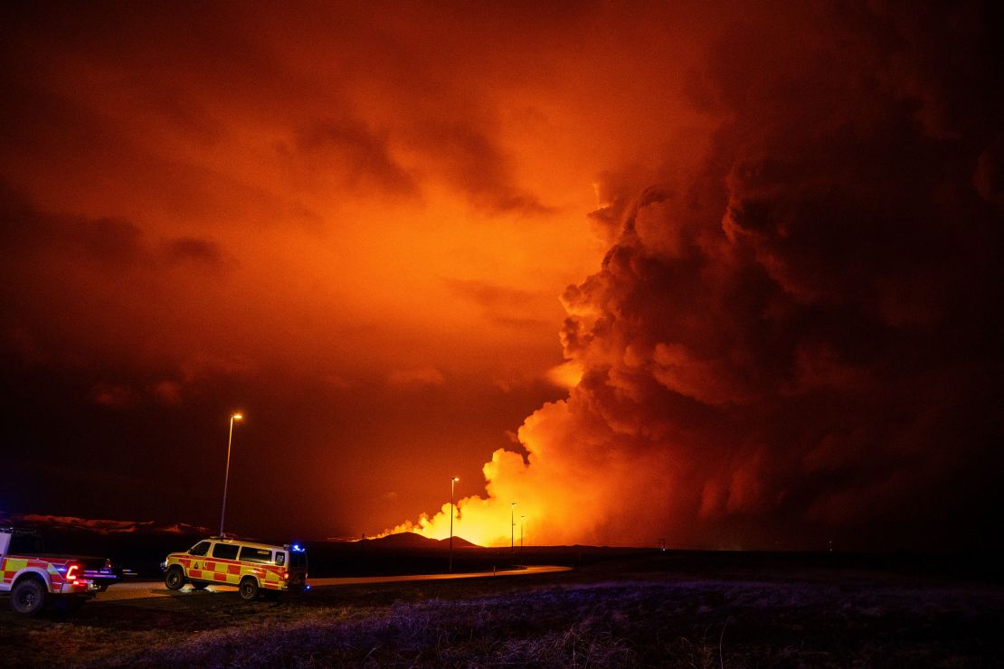 Plumes of smoke from volcanic activity between Hagafell and Stóra-Skógfell in Iceland on March 16, 2024.