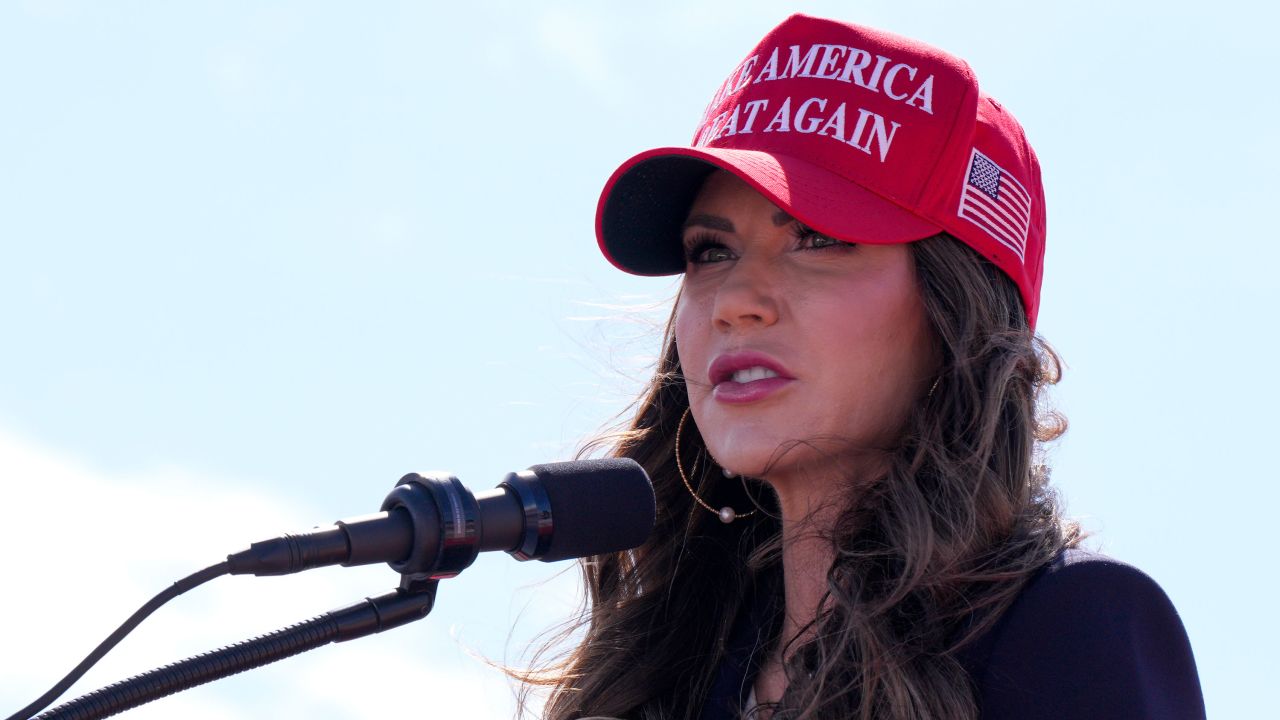 South Dakota Gov. Kristi Noem speaks prior to remarks from republican presidential candidate and former President Donald Trump at a campaign rally Saturday, March 16, 2024, in Vandalia, Ohio. (AP Photo/Jeff Dean)