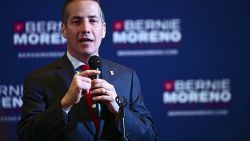 Cleveland businessman Bernie Moreno, a Republican candidate for U.S. Senate, speaks to supporters during his primary election night watch party in Westlake, Ohio, Tuesday, March 19, 2024. (AP Photo/David Dermer)