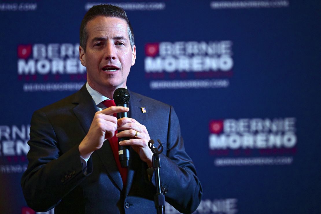 Cleveland businessman Bernie Moreno, a Republican candidate for Senate, speaks to supporters during his primary election night watch party in Westlake, Ohio, on Tuesday, March 19, 2024.