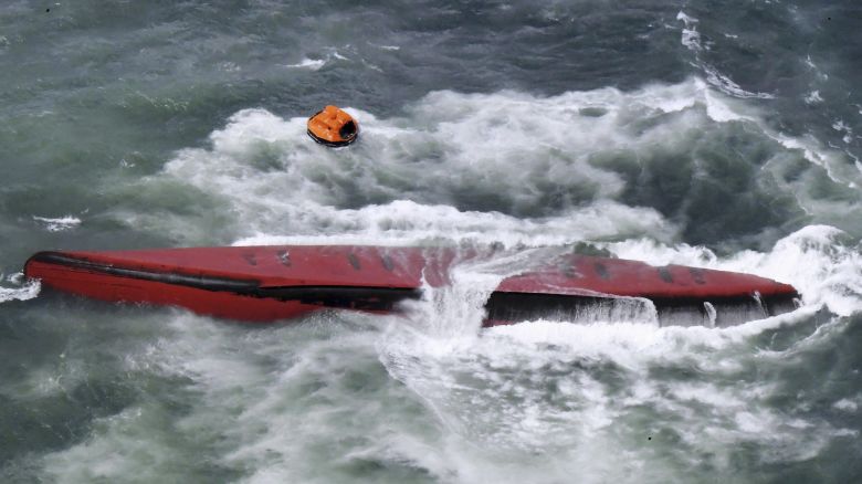 A South Korean tanker is seen capsized off Mutsure Island in southwestern Japan on Wednesday.