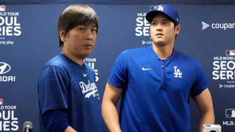 Los Angeles Dodgers' Shohei Ohtani, right, and his interpreter, Ippei Mizuhara, leave after at a news conference ahead of a baseball workout at Gocheok Sky Dome in Seoul, South Korea, Saturday, March 16, 2024. Ohtani's interpreter and close friend has been fired by the Dodgers following allegations of illegal gambling and theft from the Japanese baseball star.