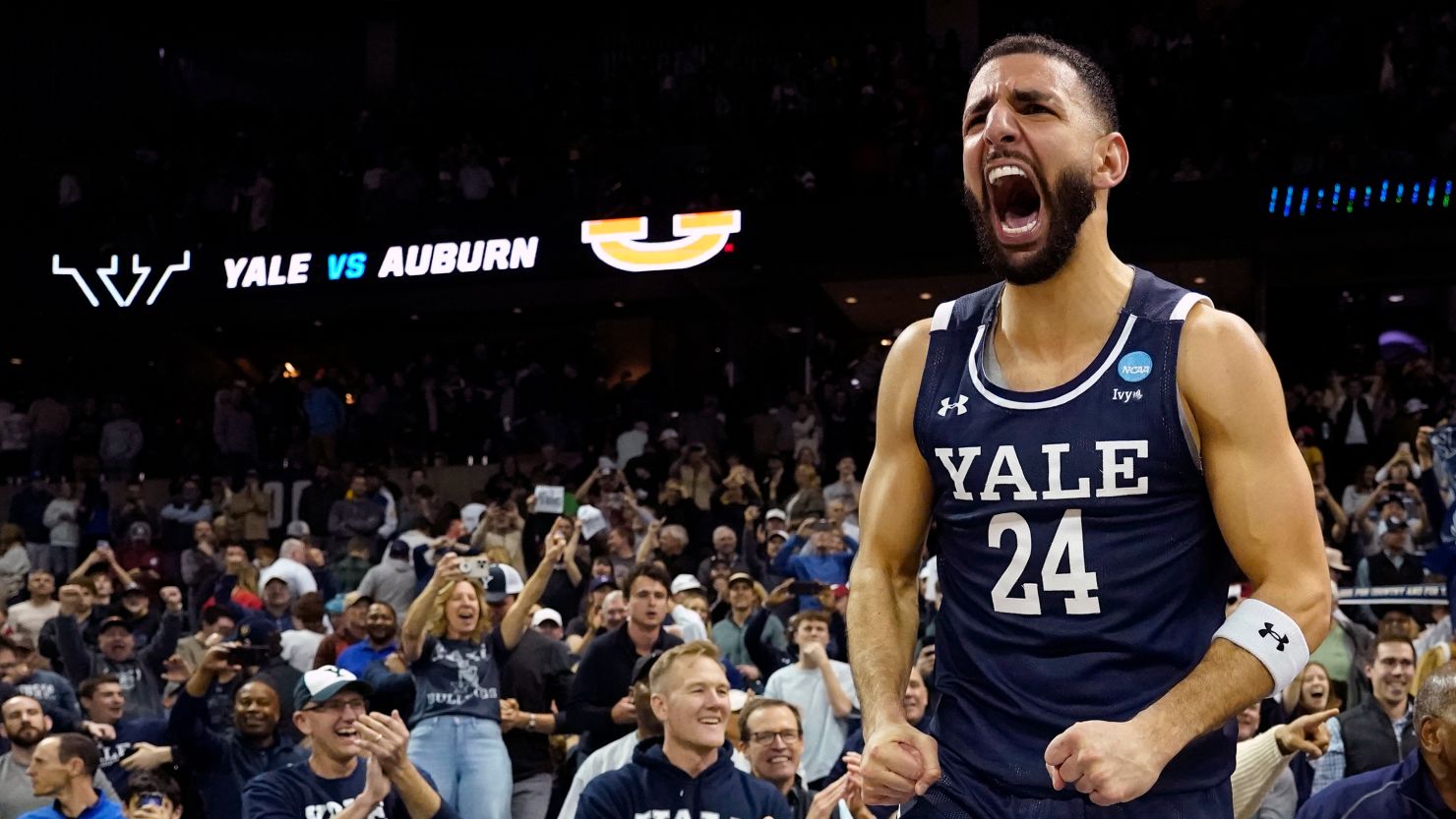 Yassine Gharram celebrates Yale's upset victory over Auburn in the first round of March Madness.