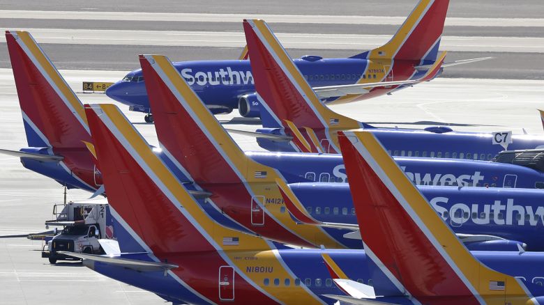 Southwest Airlines Boeing 737 jetliners at gates at Harry Reid International Airport in Las Vegas, Nv., on March 1, 2024.