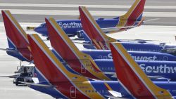 Southwest Airlines Boeing 737 jetliners at gates at Harry Reid International Airport in Las Vegas, Nv., on March 1, 2024.