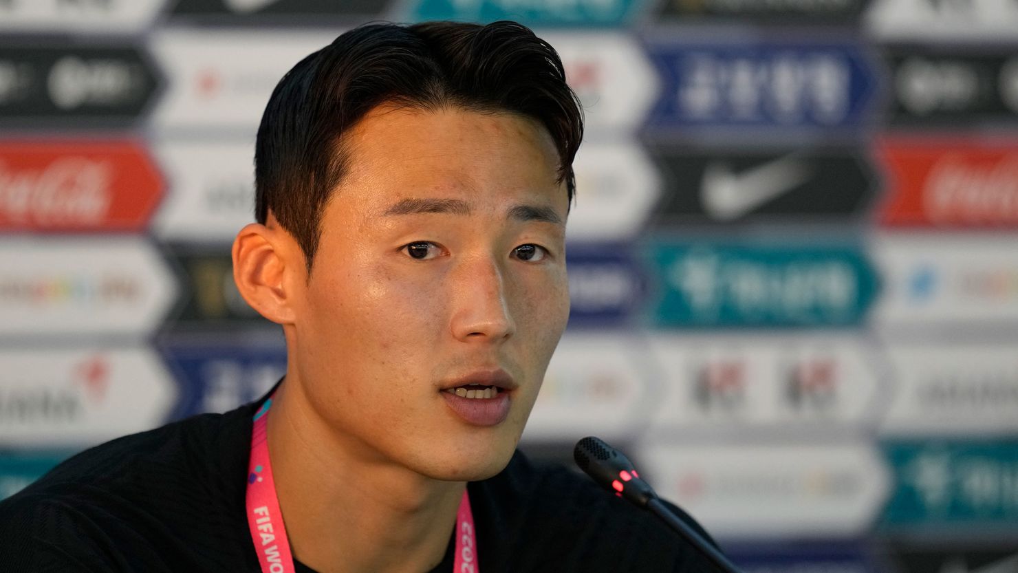 Son speaks at a press conference during the 2022 FIFA World Cup in Qatar.