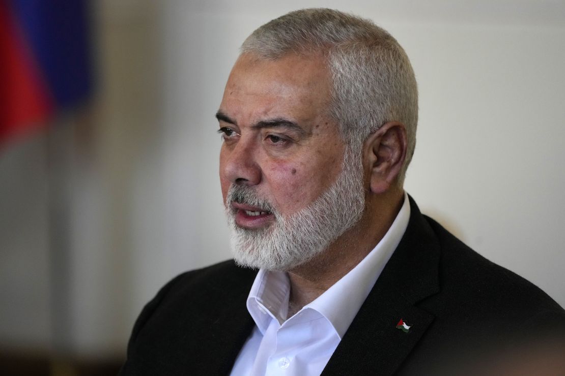 Hamas chief Ismail Haniyeh speaks during his meeting with Iranian Foreign Minister Hossein Amirabdollahian in Tehran on March 26.