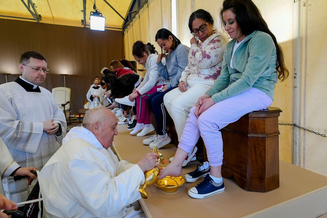 Pope Francis washes and kisses the feet of 12 women inmates of the Rebibbia prison on the outskirts of Rome on Holy Thursday, March 28, 2024, a ritual meant to emphasize his vocation of service and humility.