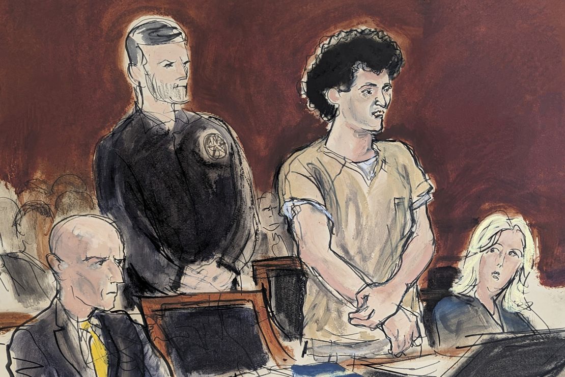 In this courtroom sketch, Sam Bankman-Fried, second from right, stands while making a statement during his sentencing in Manhattan federal court on March 28, 2024.