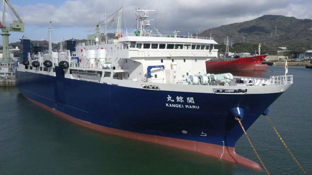 A newly-made whaler Kangei Maru is seen in Shimonoseki City, Yamaguchi Prefecture on March 29, 2024. The whaler is owned by Kyodo Senpaku Co., the only company in the world that uses a mother ship-based catcher boat. A signing ceremony for the handover was held on the same day. ( The Yomiuri Shimbun via AP Images )