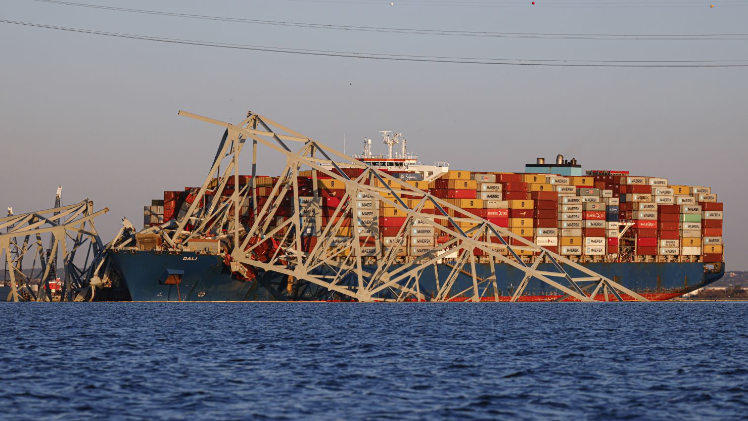 Wreckage from the Francis Scott Key Bridge rests on the container ship Dali on March 30 in Baltimore.
