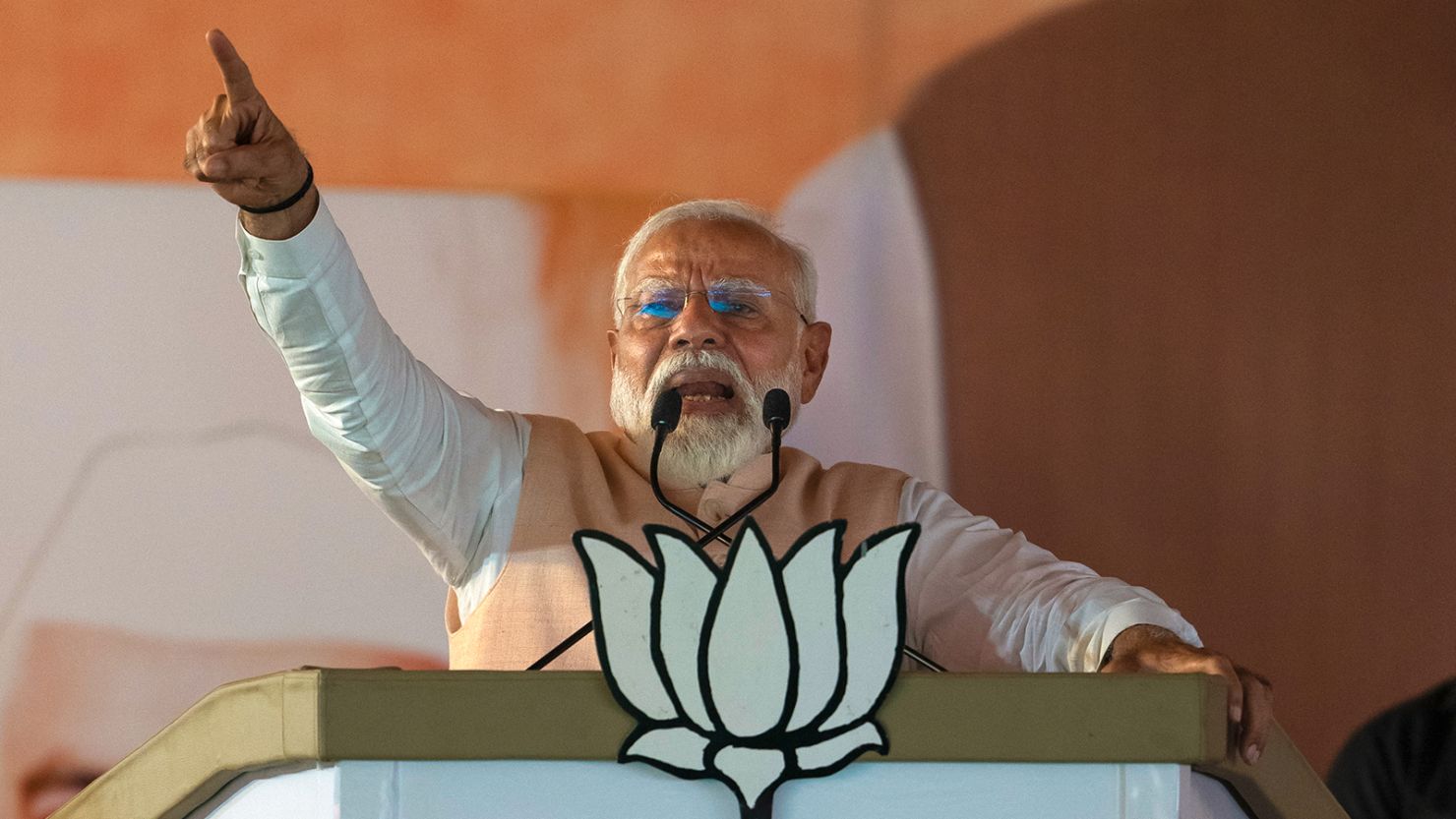 Indian Prime Minister Narendra Modi speaks at an election campaign rally in Meerut, India on March 31, 2024.