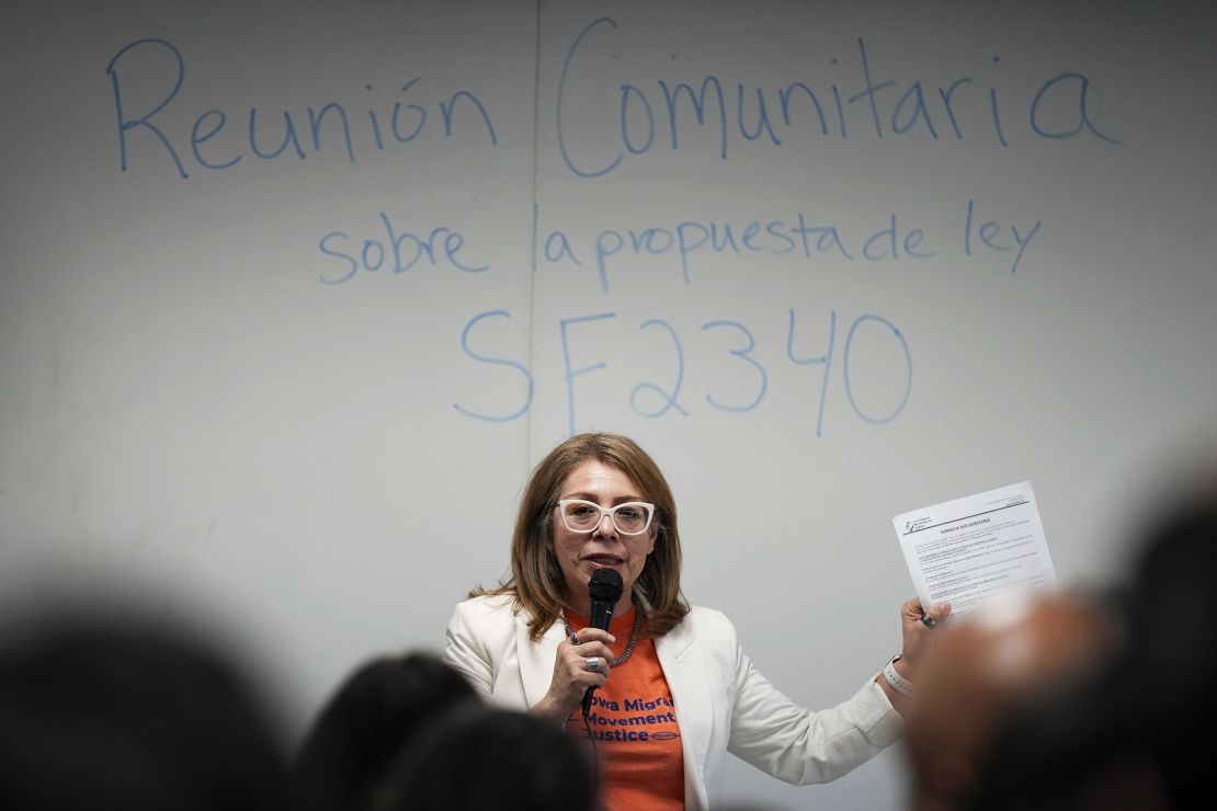 Community organizer Maria Acosta speaks during an Iowa Migrant Movement for Justice informational meeting on March 27 in Des Moines, Iowa.