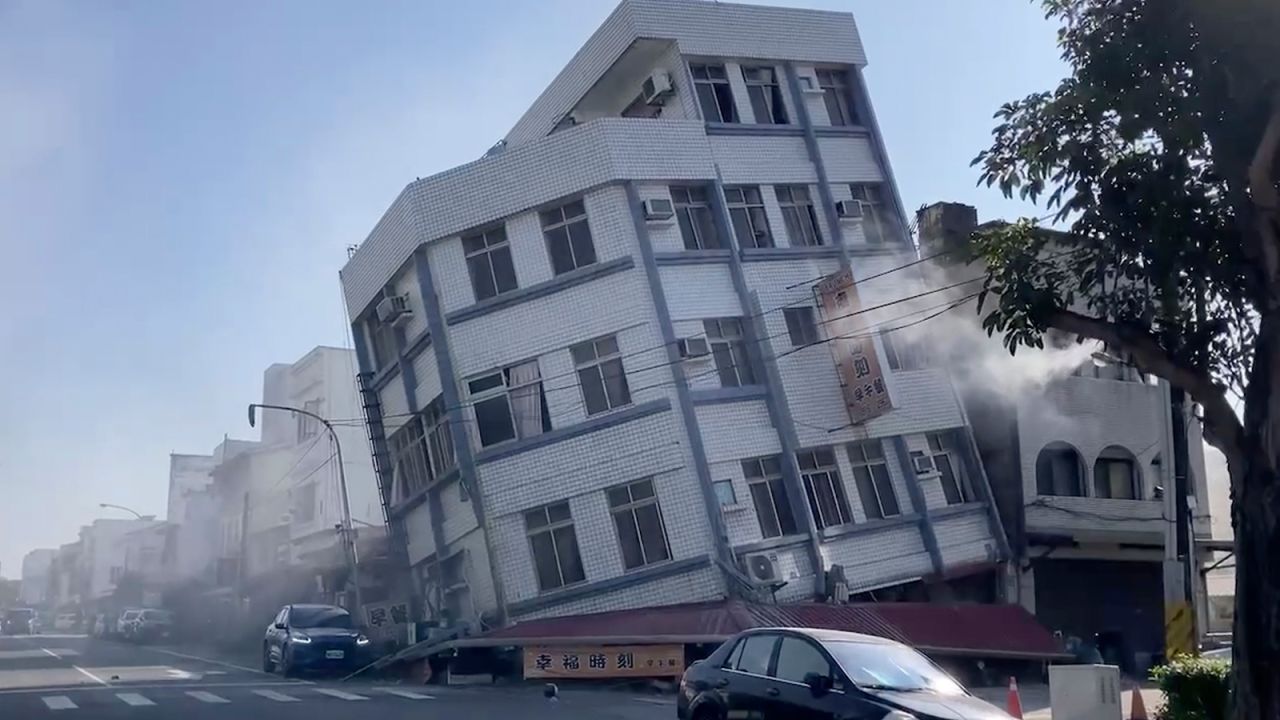 In this image taken from a video footage run by TVBS, a partially collapsed building is seen in Hualien, eastern Taiwan on April 3, 2024.