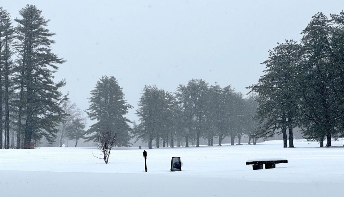 A snowman stands on Beaver Meadow Golf Course in Concord, New Hampshire on Thursday, April 4, 2024.