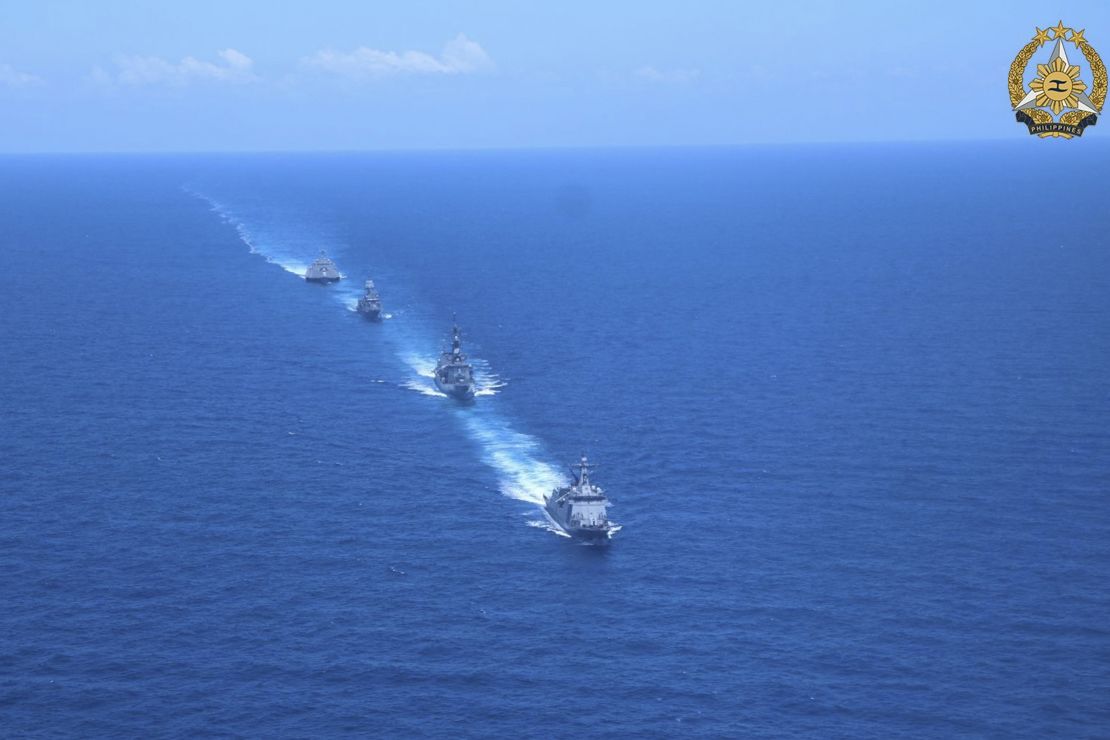 Philippine Navy ship BRP Antonio Luna, Royal Australian Navy ship HMAS Warramunga, Japan Maritime Self-Defense Forces ship JS Akebono and US Navy ship USS Mobile (LCD-26) during the first Multilateral Maritime Cooperative Activity in the disputed South China Sea on April 7, 2024.