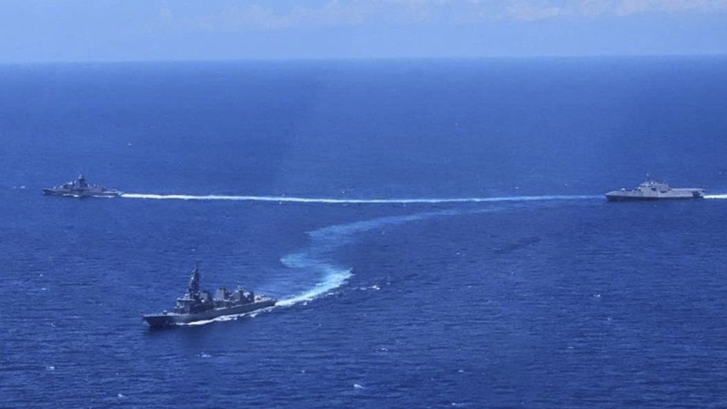 The US, Japan, Australia and the Philippines held their first joint naval exercises in a show of force Sunday in the South China Sea, where Beijing's territorial claims have caused alarm.