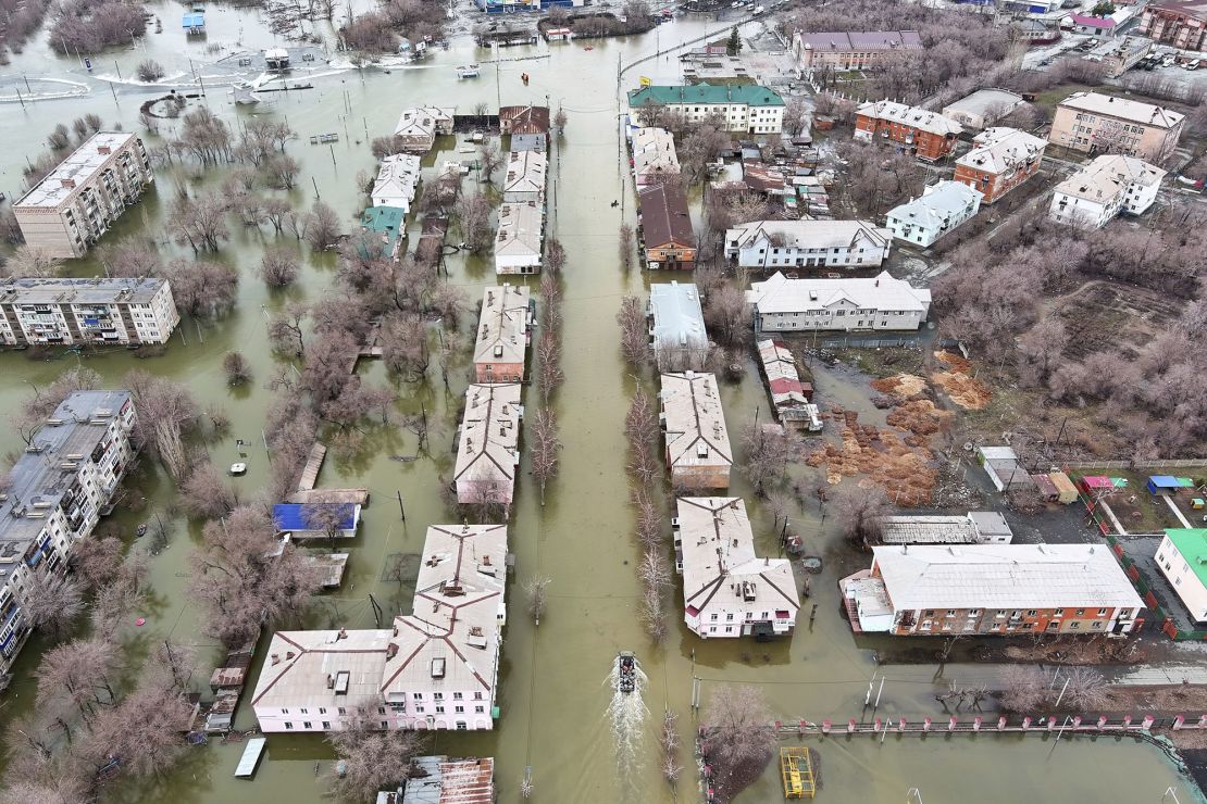 An aerial view shows the scale of flooding in the city of Orsk, Orenburg Region, Russia.
