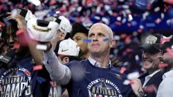 UConn head coach Dan Hurley celebrates after the NCAA college Final Four championship basketball game against Purdue, Monday, April 8, 2024, in Glendale, Ariz. (AP Photo/Brynn Anderson)
