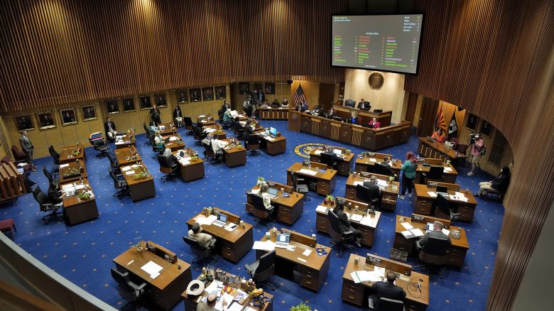 Arizona state senators convene on Senate floor at the Capitol, Wednesday, April 10, 2024, in Phoenix. The Arizona Supreme Court ruled Tuesday that the state can enforce its long-dormant law criminalizing all abortions except when a mother's life is at stake. (AP Photo/Matt York)