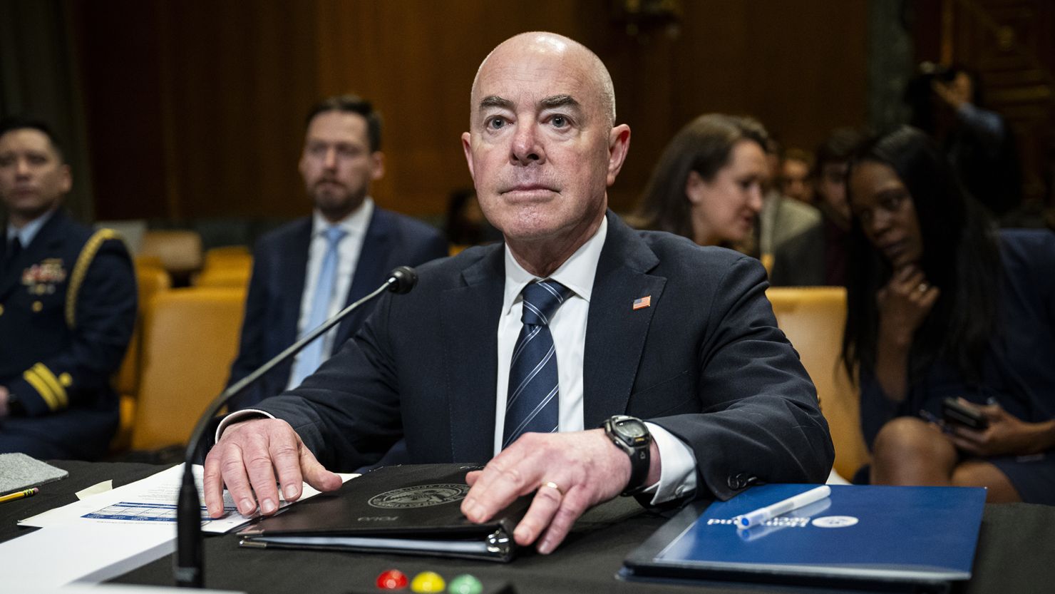 Secretary of the Department of Homeland Security Alejandro Mayorkas testifying at a Senate subcommittee hearing on April 10 at the US Capitol.