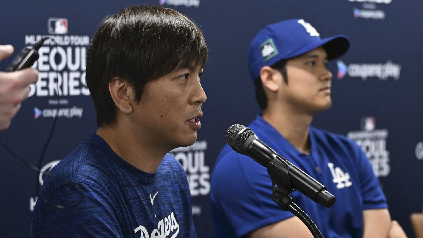 Ippei Mizuhara, left, and Shohei Ohtani are pictured in Seoul, South Korea, on March 16, 2024.