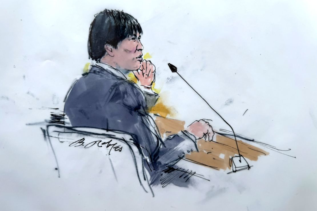 In this courtroom sketch, Ippei Mizuhara appears in federal court in Los Angeles, on Friday, April 12, 2024.