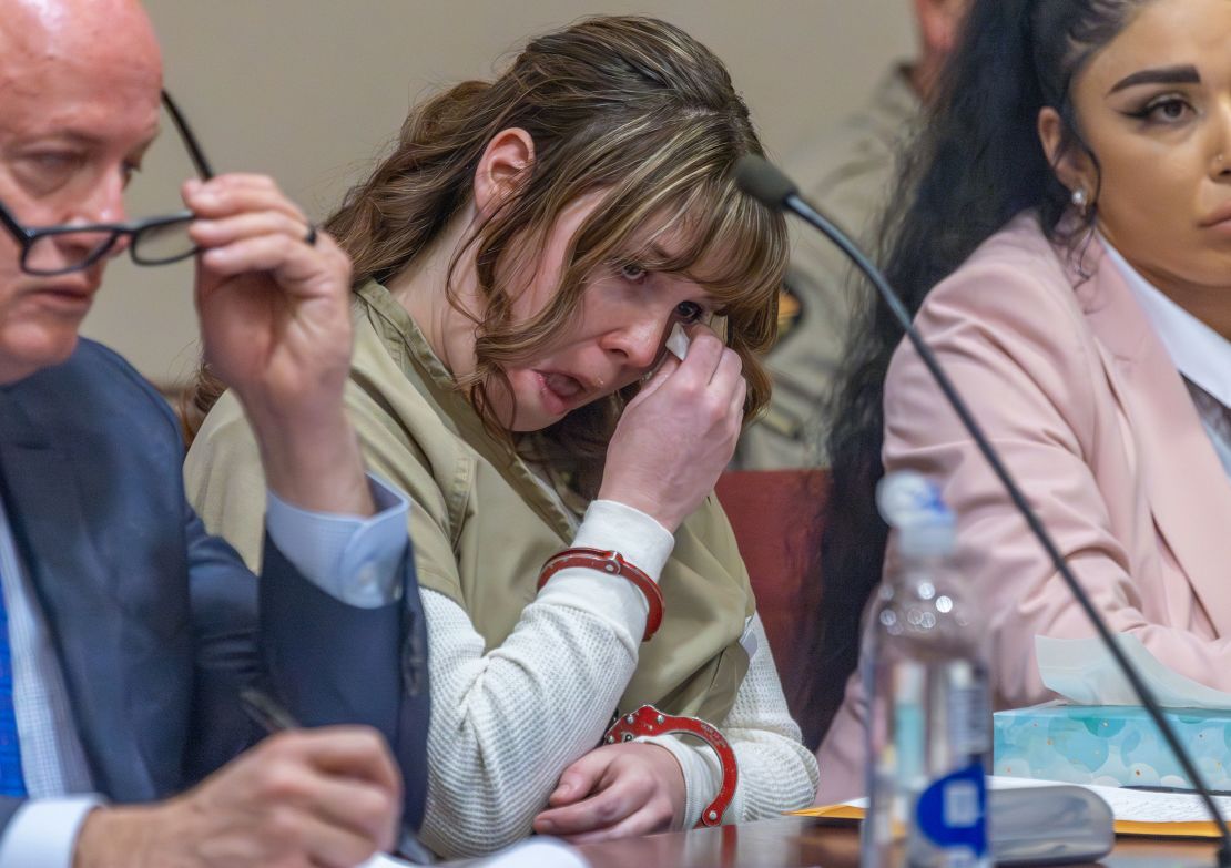 Hannah Gutierrez Reed wipes her tears at her sentencing hearing in state district court in Santa Fe on April 15, 2024.