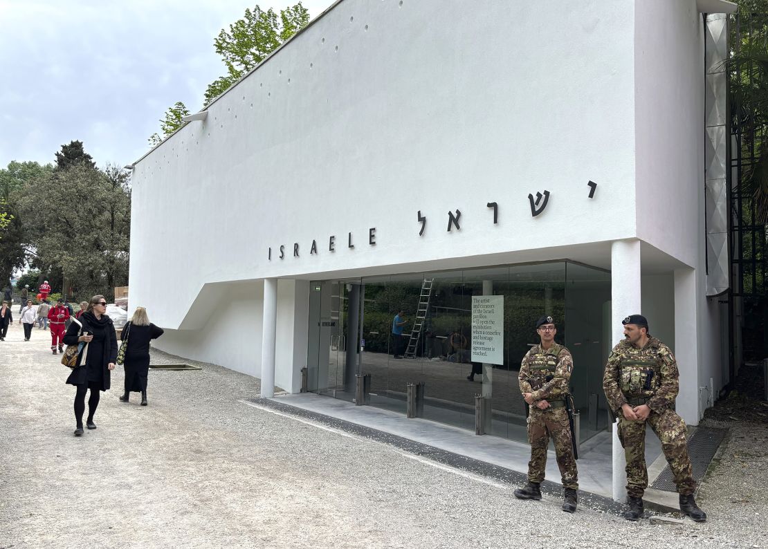 Italian soldiers patrol the Israeli national pavilion at the Biennale contemporary art fair in Venice, Italy, Tuesday, April 16, 2024.