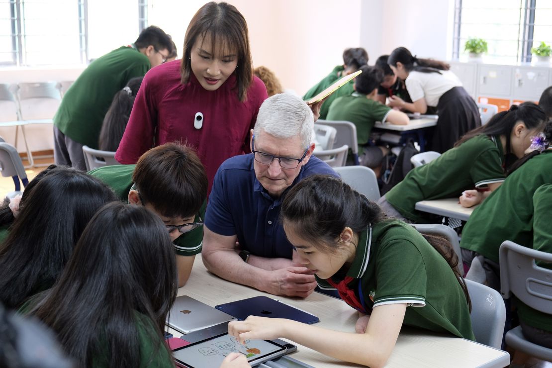 Apple CEO Tim Cook at a visit to a school in Hanoi on April 16, 2024.