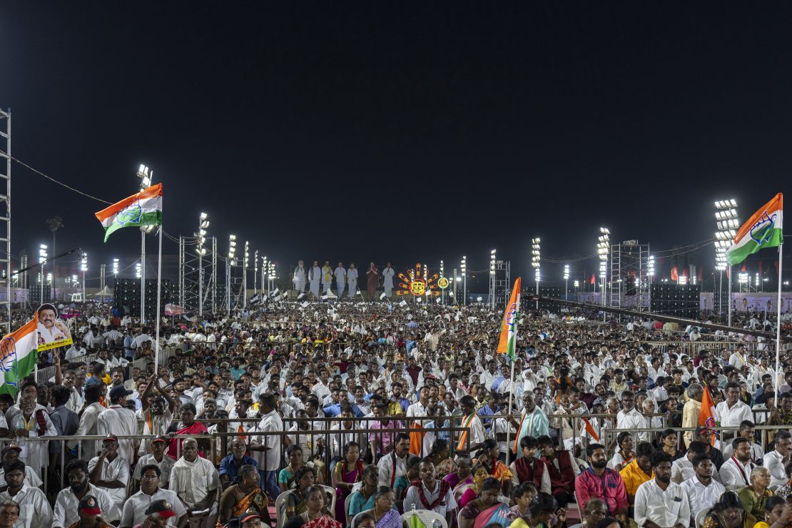 Supporters attend an election rally addressed by Dravida Munnetra Kazhagam leader and Chief Minister of Tamil Nadu state, M. K. Stalin, in Chennai on April 15, 2024.