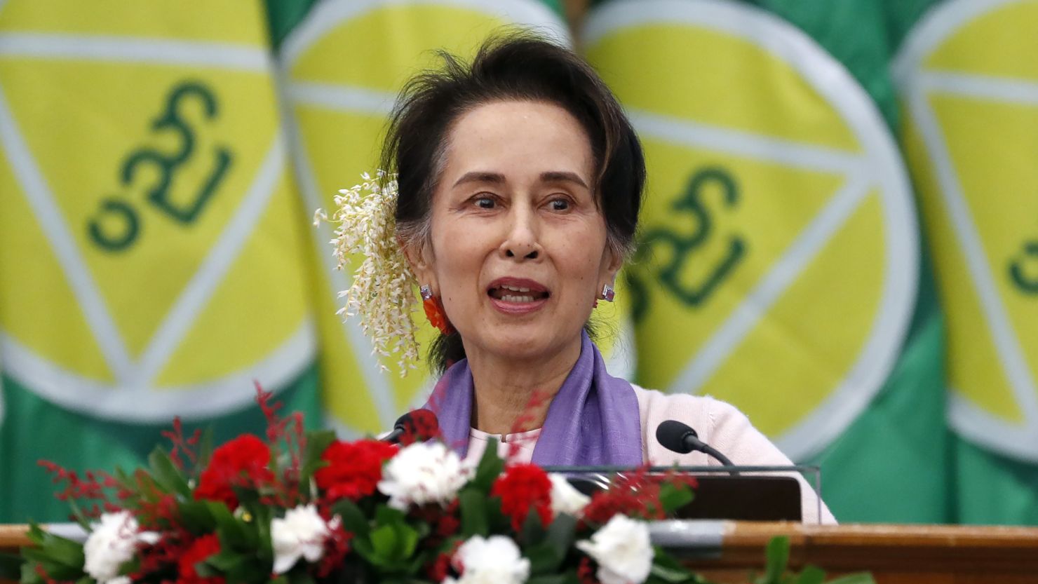 Myanmar's former de facto leader Aung San Suu Kyi delivers a speech in Naypyidaw, Myanmar, on January 28, 2020.