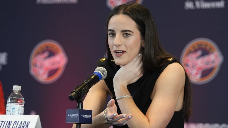 Indiana Fever's Caitlin Clark speaks during a WNBA basketball news conference, Wednesday, April 17, 2024, in Indianapolis.