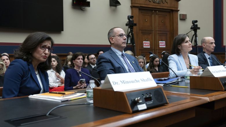 From Left; Columbia President Nemat Shafik, Professor David Schizer, Dean Emeritus and Harvey R. Miller Professor of Law & Economics, Columbia Law School, Claire Shipman, Board of Trustees Co-Chair, Columbia University and David Greenwald, Board of Trustees Co-Chair, Columbia University testify before the House Committee on Education and the Workforce hearing on "Columbia in Crisis: Columbia University's Response to Antisemitism" on Capitol Hill in Washington, Wednesday, April 17, 2024.