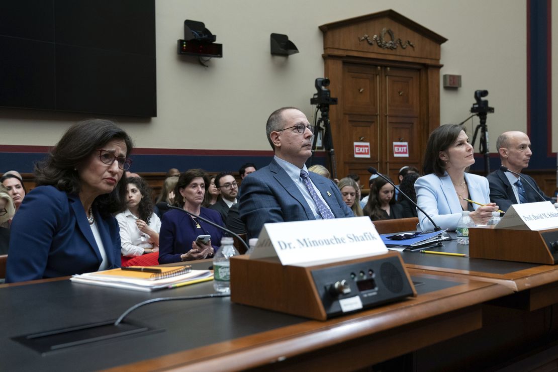 From left: Columbia University President Minouche Shafik; Professor David Schizer, dean emeritus and Harvey R. Miller Professor of Law and Economics atColumbia Law School; Claire Shipman, Columbia University Board of Trustees co-chair; and David Greenwald, Columbia University Board of Trustees co-chair, testify before the House Committee on Education and the Workforce hearing in Washington on Wednesday.
