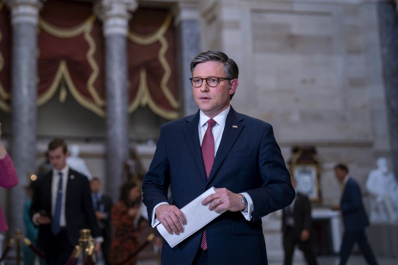 House Speaker Mike Johnson arrives to speak with reporters to discuss his proposal of sending aid to Ukraine, Israel and Taiwan on April 17, 2024.