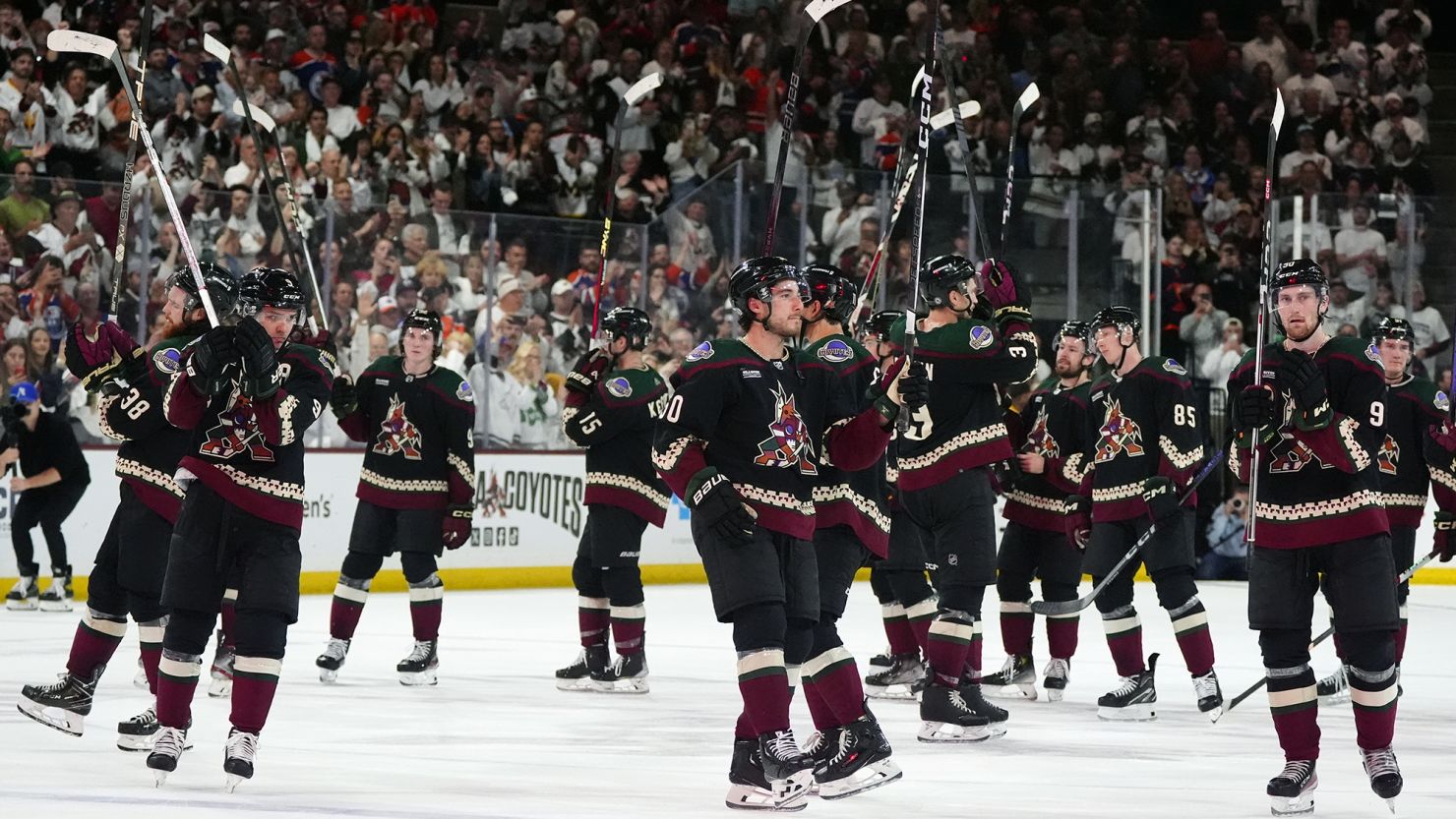 Arizona Coyotes players acknowledge fans after a game against the Edmonton Oilers on Wednesday.
