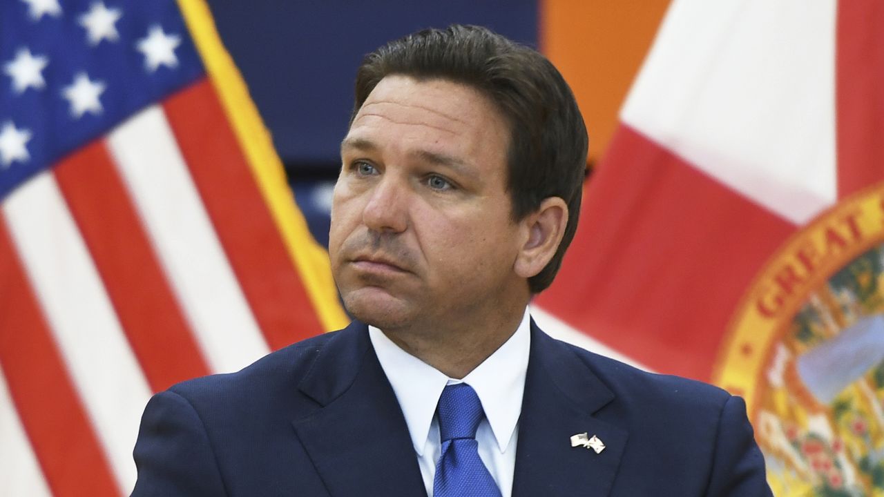 Florida Governor Ron DeSantis is speaking during a press conference at Tohopekaliga High School in Kissimmee, Florida, on April 18, 2024, where he is signing two bills into law. The legislation allows schools to host chaplain programs and patriotic organizations on campus. (Photo by Paul Hennessy/NurPhoto via AP)