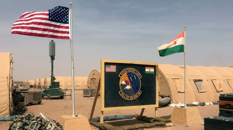 A U.S. and Niger flag are raised side by side at the base camp for air forces and other personnel supporting the construction of Niger Air Base 201 in Agadez, Niger, April 16, 2018. The United States is attempting to create a new military agreement with Niger that would allow it to remain in the country, weeks after the junta said its presence was no longer justified, two Western officials told The Associated Press Friday April 19, 2024.