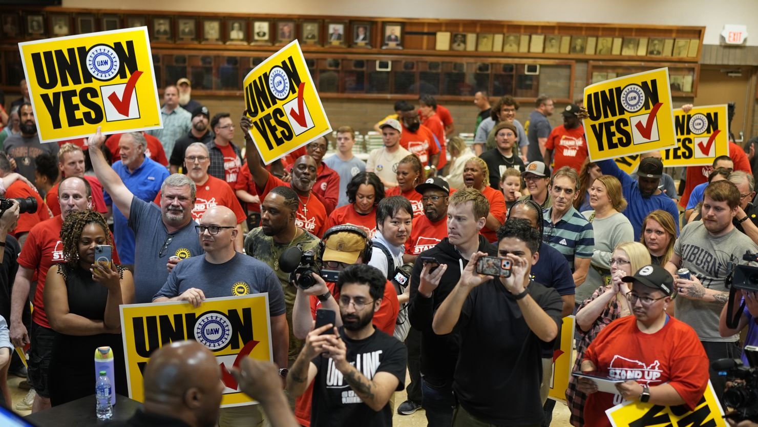 Volkswagen automobile plant employees celebrate winning a vote to join the UAW union Friday, April 19, 2024, in Chattanooga, Tenn.