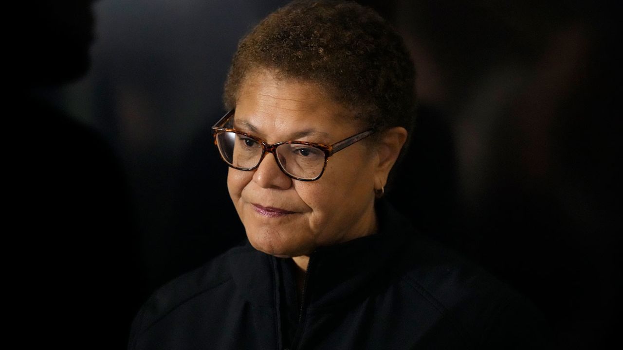 FILE - Los Angeles Mayor Karen Bass waits to speak during a news conference in Los Angeles, Jan. 24, 2023.
