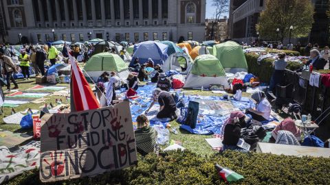 A sign sits erected at the Pro-Palestine protest encampment at the Columbia University campus in New York on Monday April 22, 2024. (AP Photo/Stefan Jeremiah) â¨(AP Photo/Stefan Jeremiah)