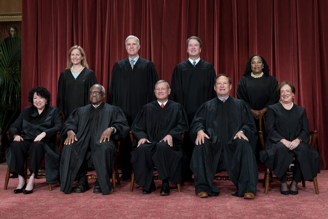 Members of the Supreme Court on October 7, 2022. Bottom row, from left, Associate Justice Sonia Sotomayor, Associate Justice Clarence Thomas, Chief Justice of the United States John Roberts, Associate Justice Samuel Alito, and Associate Justice Elena Kagan. Top row, from left, Associate Justice Amy Coney Barrett, Associate Justice Neil Gorsuch, Associate Justice Brett Kavanaugh, and Associate Justice Ketanji Brown Jackson.