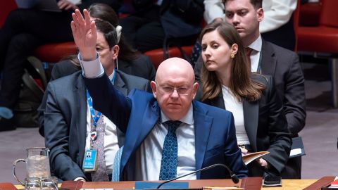 Russian Permanent Representative to the UN Vassily Nebenzia raises his hand to veto the Non-proliferation of nuclear weapons resolution bill during a meeting of U.N. Security Council members, Wednesday, April 24, 2024 at United Nations headquarters.