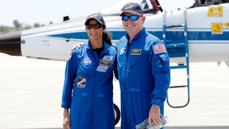 NASA astronauts Butch Wilmore, right, and Suni Williams pose for a photo after they arrived at the Kennedy Space Center, Thursday, April 25, 2024, in Cape Canaveral, Fla. The two test pilots will launch aboard Boeing's Starliner capsule atop an Atlas rocket to the International Space Station, scheduled for liftoff on May 6, 2024. (AP Photo/Terry Renna)