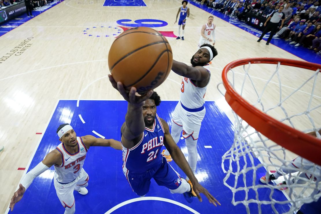 Embiid drives to the rim during the game.